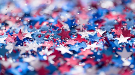 An artistic close-up of red, blue, and white star-shaped confetti scattered, symbolizing celebration and joy, perfect for patriotic events or festive occasions.