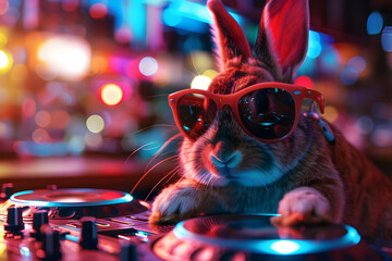 Cute rabbit DJ with sunglasses mixing tracks on a turntable in a colorful nightclub. Fun and playful pet at a party.