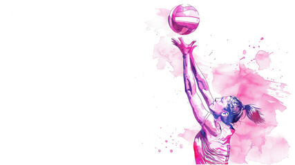 Pink watercolor painting of volleyball athlete player action at game