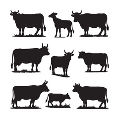 set of cows silhouettes on white	