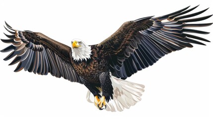 Obraz premium This artistic representation captures the bald eagle mid-flight in an action pose, highlighting its impressive wingspan, fierce gaze, and the dynamic movement of this birds in the wild.