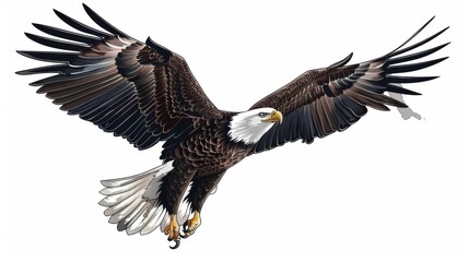 Obraz premium A highly detailed artistic depiction of a bald eagle with outstretched wings, showcasing its distinctive white head and powerful features while gliding in the air gracefully.