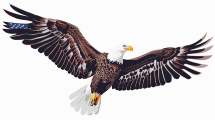 Obraz premium A colorful illustration capturing the detailed features of a bald eagle flying gracefully, highlighting its spread wings against a plain backdrop, representing liberty.
