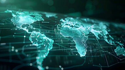 Fototapeta premium Digital global map with technological data, network lines, showing continents and countries. Represents connectivity, technology, and globalization.