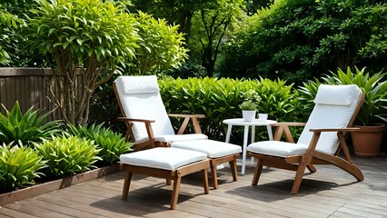 Obraz premium The image shows an outdoor view with a wooden deck in front and a green garden behind. There are white deck chairs and a small side table with a potted plant. The impression is peaceful and calming, 