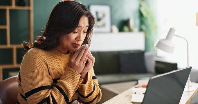 Remote work from home, sick and woman with tissue, virus and flu season with burnout, laptop and deadline. Person, entrepreneur and freelancer with stress, illness and sneeze with cold and allergies
