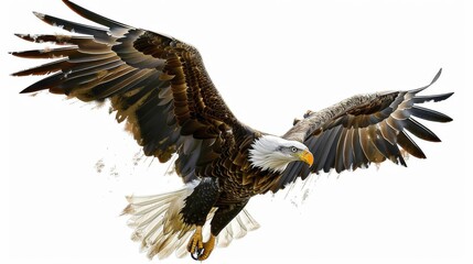 Obraz premium A digital artwork featuring a bald eagle in mid-flight, with its wings fully extended and feathers meticulously detailed, set against a crisp, clean white background.