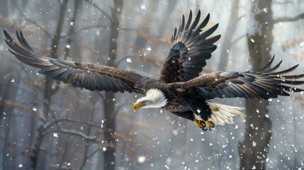 A breathtaking image of a bald eagle in flight through a snowy forest, its wings spread wide as it soars through the falling snow, epitomizing grace and majesty in nature.