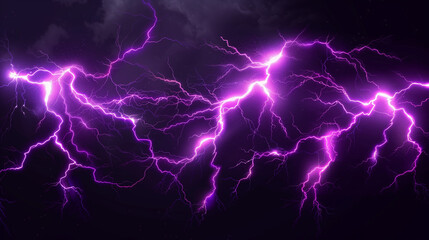 Lightnings, purple thunderbolt strikes at night. Electric impact effects, thunderstorm sparking discharges isolated on transparent background, vector realistic illustration 