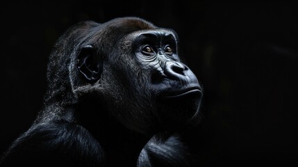 Obraz premium Gorilla portrait in front of mysterious black background, wildlife concept, nature photography influenced by art and beauty