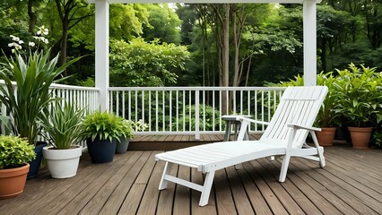 The image shows an outdoor view with a wooden deck in front and a green garden behind. There are white deck chairs and a small side table with a potted plant. The impression is peaceful and calming, 