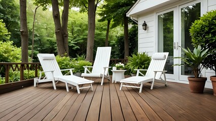 The image shows an outdoor view with a wooden deck in front and a green garden behind. There are white deck chairs and a small side table with a potted plant. The impression is peaceful and calming, 