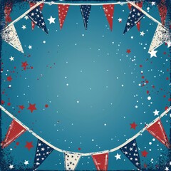Obraz premium A design featuring red, white, and blue patterned bunting strung across the top and bottom edges with scattered stars on a textured blue background, evoking patriotic themes.