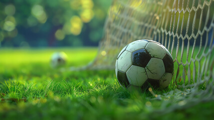 Fototapeta premium Soccer ball in goal net, vibrant green field, close-up, action-packed and vivid