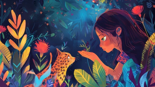 A vibrant and whimsical illustration showing a girl interacting with a leopard in a lush, colorful forest, symbolizing nature's magic and respect for wildlife in a dreamlike style.