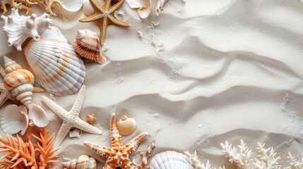 A beautiful collection of seashells and starfish arranged on a gently rippled sandy beach backdrop, capturing the essence of coastal charm and marine life.