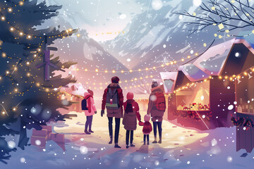 Obraz premium Family with children walking in winter village decorated with illuminated lights. Shopping for Christmas presents on winter fair on snowy day.