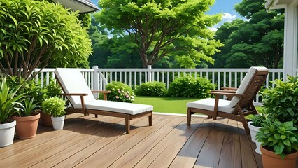 Fototapeta premium The image shows a wooden deck in front of a green garden with white deck chairs and a small side table. The impression is peaceful and calming. Anime background 