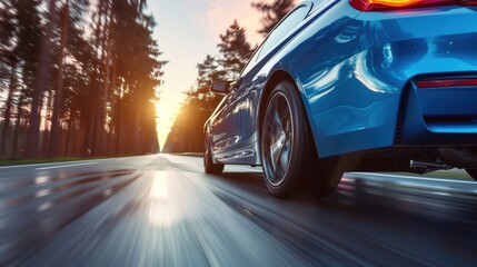 Blue Car Speeding Through Forest at Sunset
