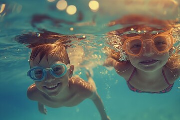 Naklejka premium Kids swimming underwater with goggles in pool, summer fun concept