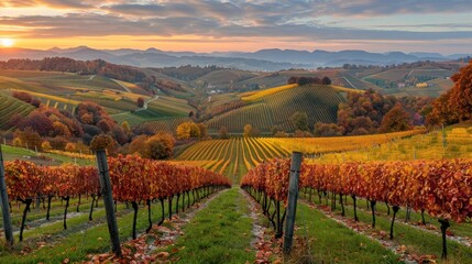Fototapeta premium Autumnal Vineyard Landscape at Sunset
