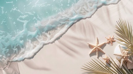 A pristine beach scene with starfish and seashells scattered across soft sandy shore, accompanied by the gentle touch of turquoise waters, creating a serene shoreline.