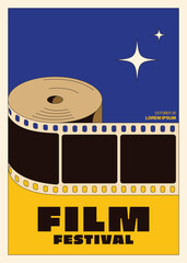Movie and film festival poster template design with filmstrip modern vintage retro style