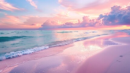 A serene beach scene during sunset featuring soft pastel tones in the sky, gentle waves lapping the shore, and a peaceful ambiance perfect for relaxation.