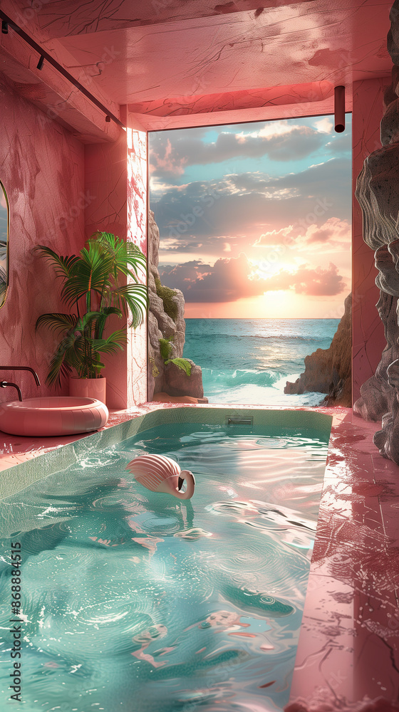 Poster interior of a cute pink bathroom with a pink fish tank and flamingo toy