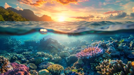 The glow of the setting sun illuminates a thriving underwater coral garden, revealing a kaleidoscope of marine life and vibrant coral formations in a breathtakingly serene ocean scene.