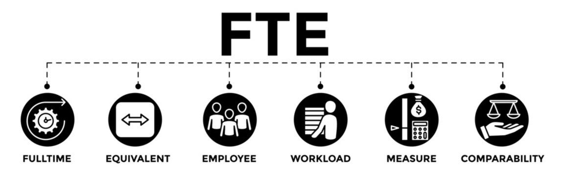 FTE - fulltime equivalent employee banner web illustration with icon of full-time, equivalent, employee, workload, measure and comparability	
