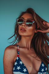 Fototapeta premium American Flag Bikini Woman in red white and blue Swimwear, 4th of july, patriotic, memorial day, labor day, celebrating the USA 