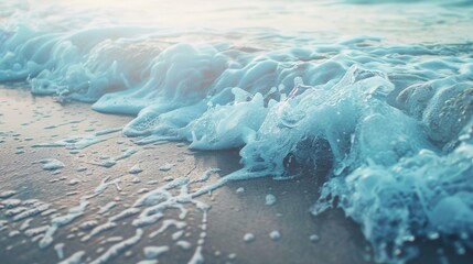 This image portrays the moment foamy waves crash onto the sandy beach, beautifully illustrating the dynamic energy, natural beauty, and soothing essence of the coastline.