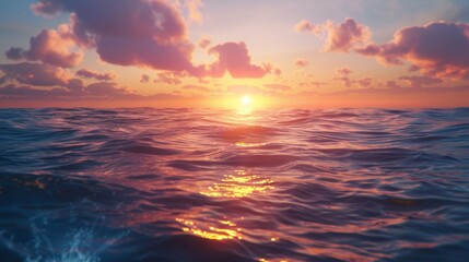 This image showcases a captivating sunset over the ocean with a calm water surface, highlighting the warm hues of the sky and the serene atmosphere as the sun dips below the horizon.