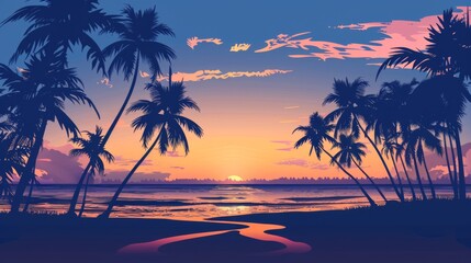 Fototapeta premium This artistic illustration portrays a golden sunset on a tropical beach adorned with palm trees, invoking a sense of peace, calm, and natural beauty for viewers.