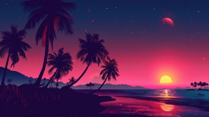 A stunning tropical beach scene at sunset featuring silhouettes of palm trees, a distant mountain range, and celestial elements including stars and a distant planet.