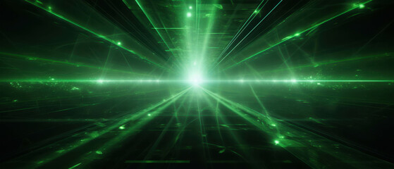 Abstract Green Laser Beams Converging to a Bright Point Creating a Futuristic and Technological Atmosphere