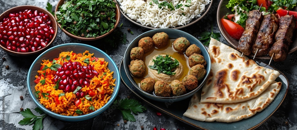 Wall mural Vibrant Middle Eastern Cuisine with Falafel and Grilled Kebabs - Wall murals