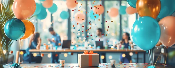 Colorful party scene with balloons, confetti, and a wrapped gift on a table. Celebration atmosphere in a bright room with people in the background.