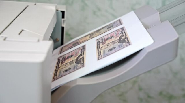 The hand of counterfeiter takes sheet with printed fake money, banknotes from office printer tray, counterfeit quality control Easy money, inflation, cheap paper Deception, illegal money circulation