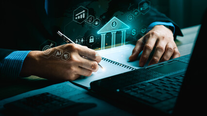 Innovative Financial Technology and Banking Concept with Digital Transformation, AI, Blockchain, and Analytics for Modern Finance, Global Economy, and Secure Online Transactions in a Virtual Banking