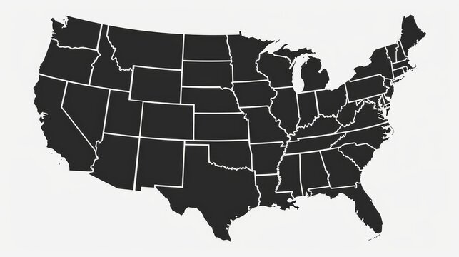A solid black map featuring the United States with clearly outlined state borders, providing a bold and distinct representation of the entire country.