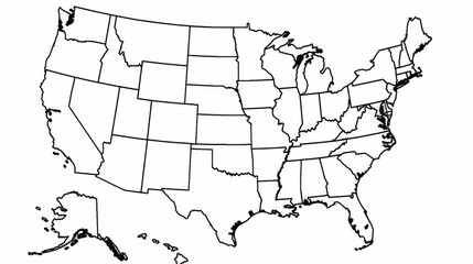 A simple, black and white outline map of the United States of America without labels, showcasing the borders and shapes of each state, perfect for educational use.