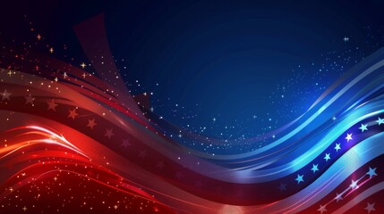 Obraz premium This image depicts vibrant red and blue swirling lines adorned with stars and sparkles, set against a dark background, symbolizing celebration and dynamism.