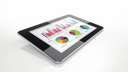 Reflective white surface showcases business charts and colorful pie graphs on a tablet computer