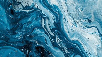 Fototapeta premium This image showcases intricate and dynamic patterns of swirling blue and white hues, resembling liquid or marbled waves, creating a captivating abstract artwork.