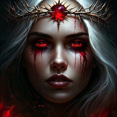 A woman with striking red eyes and a crown of thorns on her head, set against a dark background with red accents.
