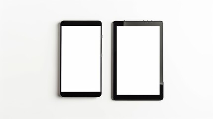 Smartphone and a digital tablet are lying on a white surface, showing a blank screen