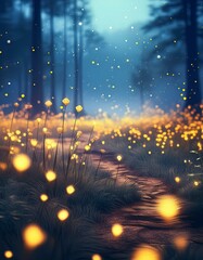 
A serene evening in a meadow with fireflies lighting up the scene. The softly blurred background with a bokeh effect highlights the gentle curves of the landscape.