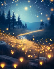 
A serene evening in a meadow with fireflies lighting up the scene. The softly blurred background with a bokeh effect highlights the gentle curves of the landscape.